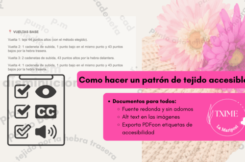 Cabecera de como hacer un patrón de tejido accesible, fondo de abreviaturas y palabras, parte de un patrón en texto, iconos de accesibilidad, fotografia del bolso verano con transparencia, logo Txime la mariposi abajo a la derecha
