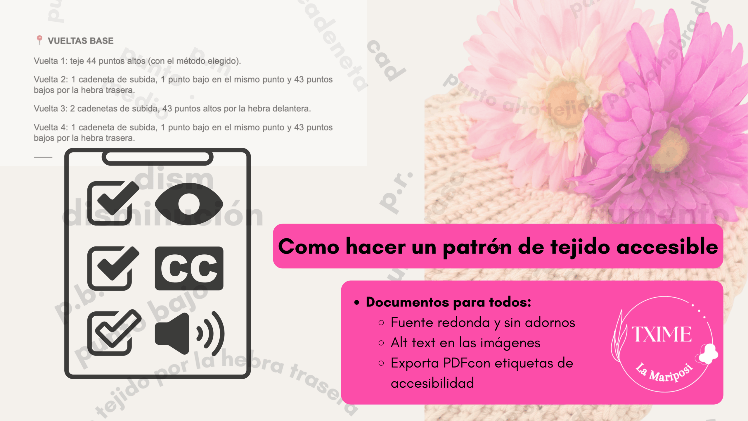 Cabecera de como hacer un patrón de tejido accesible, fondo de abreviaturas y palabras, parte de un patrón en texto, iconos de accesibilidad, fotografia del bolso verano con transparencia, logo Txime la mariposi abajo a la derecha