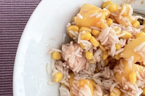 fotografía de la ensalada de arroz y mango en un plato blanco con un mantel morado